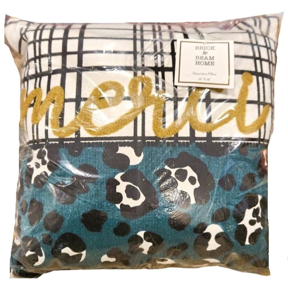 Dual Pattern Throw Pillow 18x18 Teal Leopard Black & White Grid New 100% Cotton